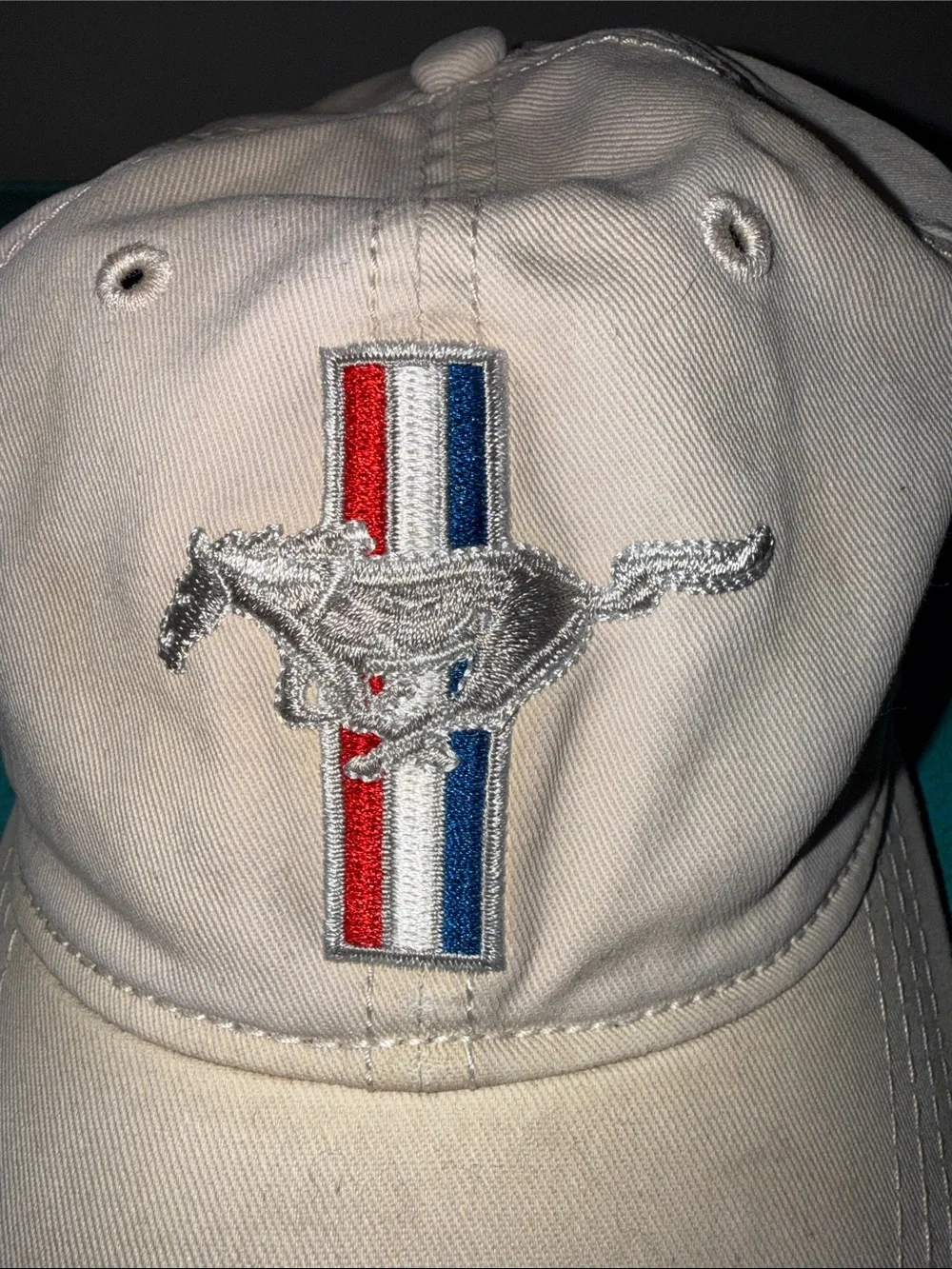 Distressed worn embroidered Mustang Velcro back cap hat